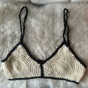 NWOT ZARA Beige Cream Black Crochet Knit Yarn Bralette Bra Top L